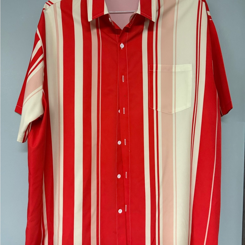 Hardaddy Bowling Red & Cream Vertical Stripe Short-Sleeve Men's Shirt 2XL